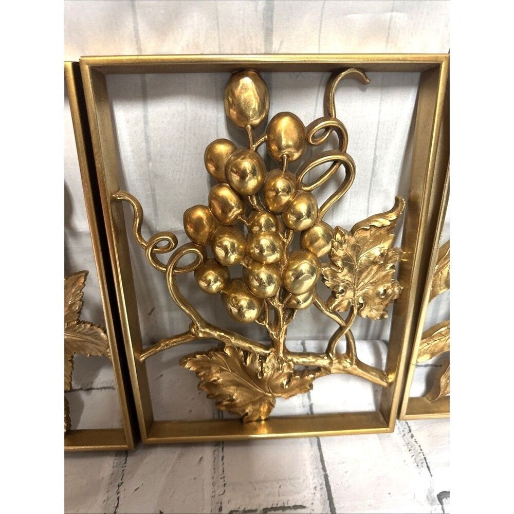 Hollywood Regency Syroco Gold Wall Plaques Set Lot 4 MCM Four Fruit Panels Boho - Picture 4 of 11